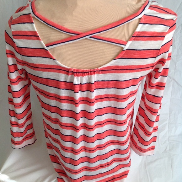 Red Camel Striped V-Neck Blouse - Coral White, Blue - Picture 3 of 5